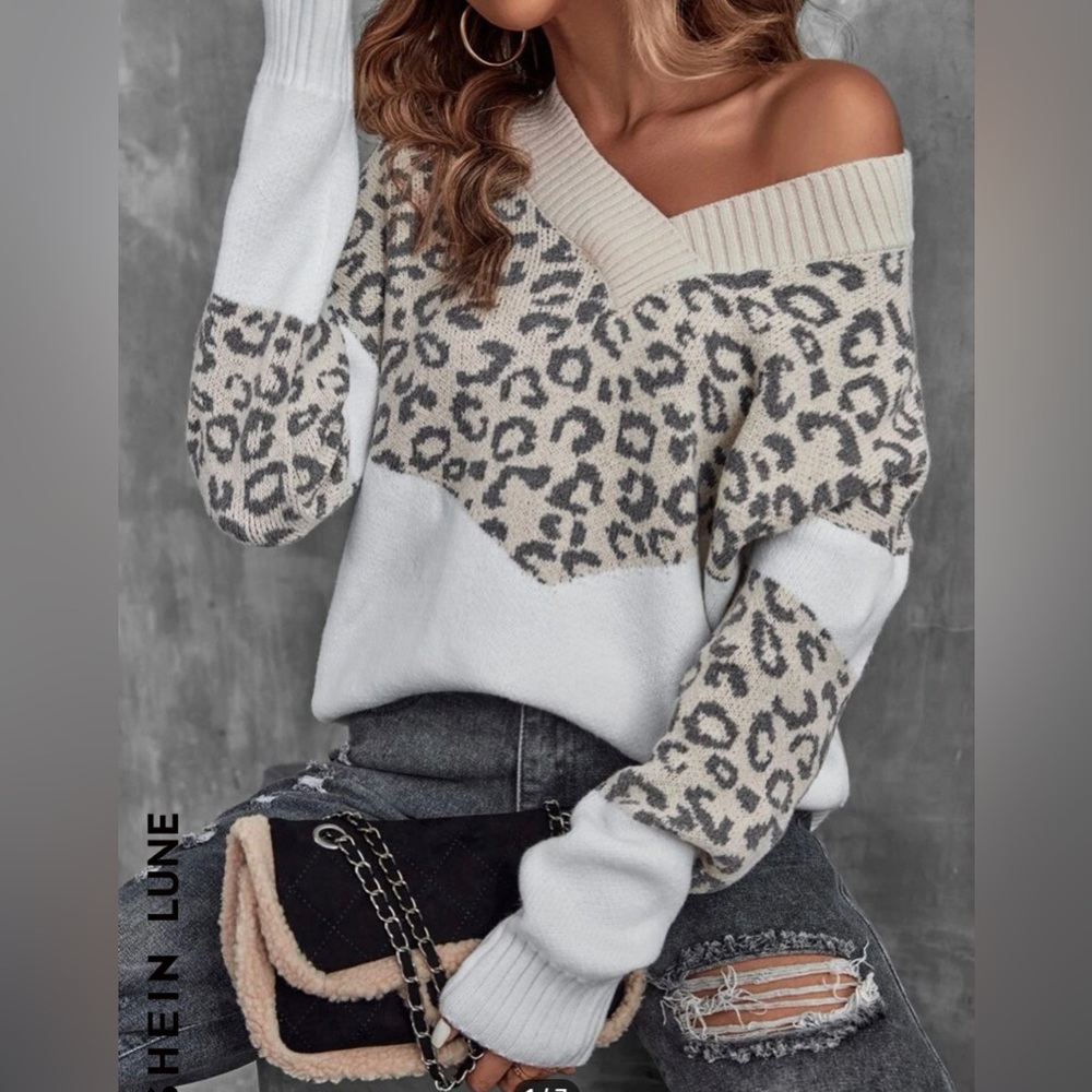 MADE WELL - SOFT CREAM TAN LEOPARD PATTERN SWEATER - OFF SHOULDER-  AMAZING